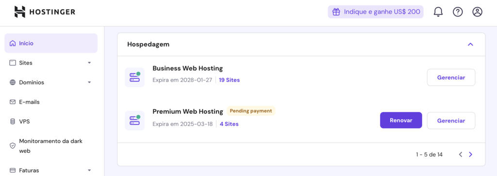 &aacute;rea "hospedagem" do hpanel