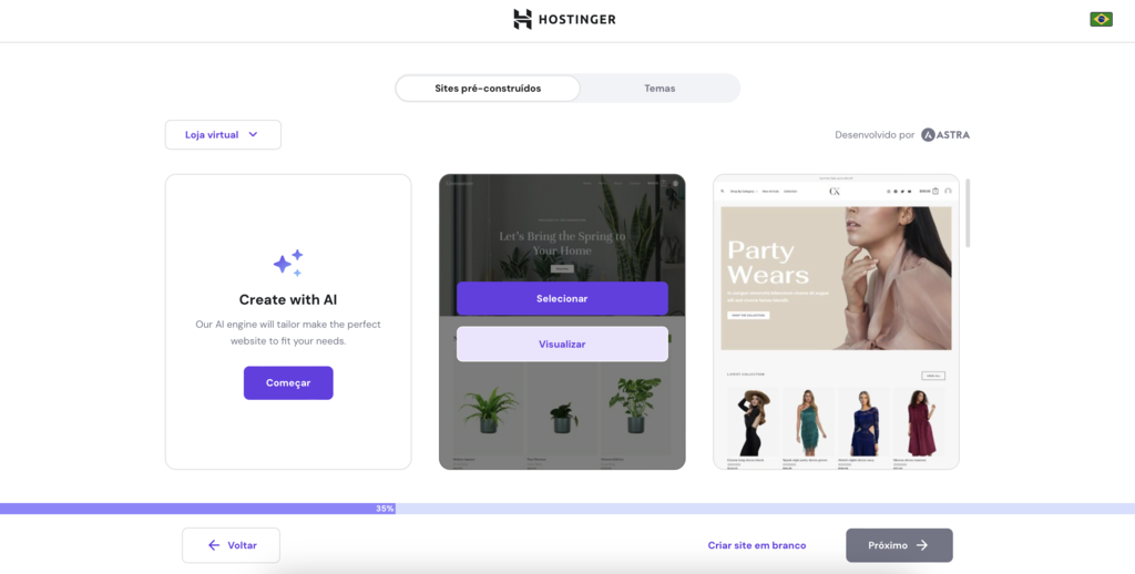escolhendo temas no processo de configura&ccedil;&atilde;o de loja virtual woocommerce wordpress no hpanel
