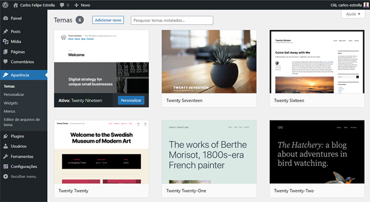 tela de temas no wordpress