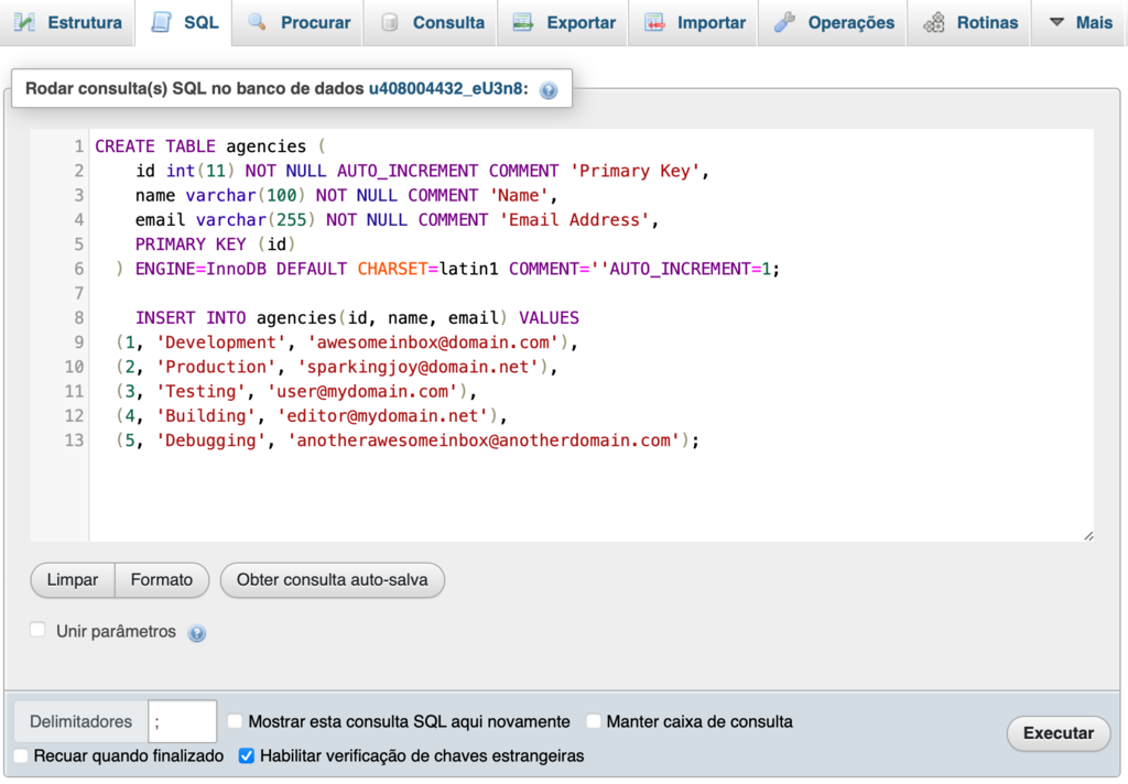 criando query no phpmyadmin para criar app codeigniter
