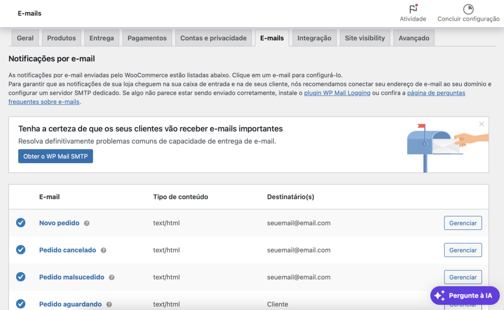configurações de notificação por email no woocommerce