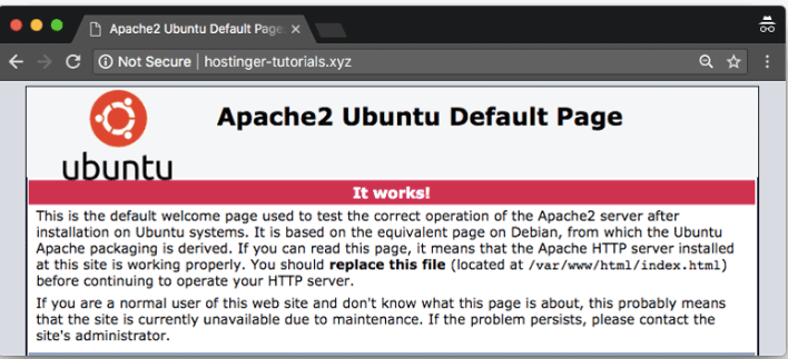 p&aacute;gina padr&atilde;o de carregamento do Ubuntu que indica como apontar dom&iacute;nio para vps