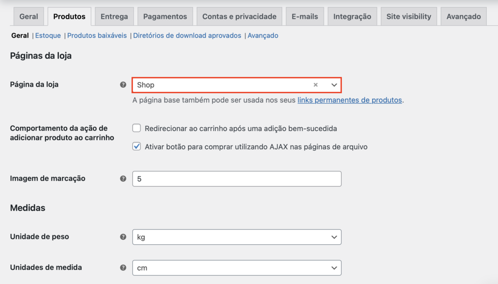 configurando a p&aacute;gina da loja no woocommerce