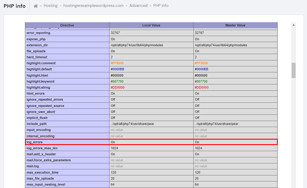 linha log_errors na se&ccedil;&atilde;o informa&ccedil;&otilde;es de php do hpanel