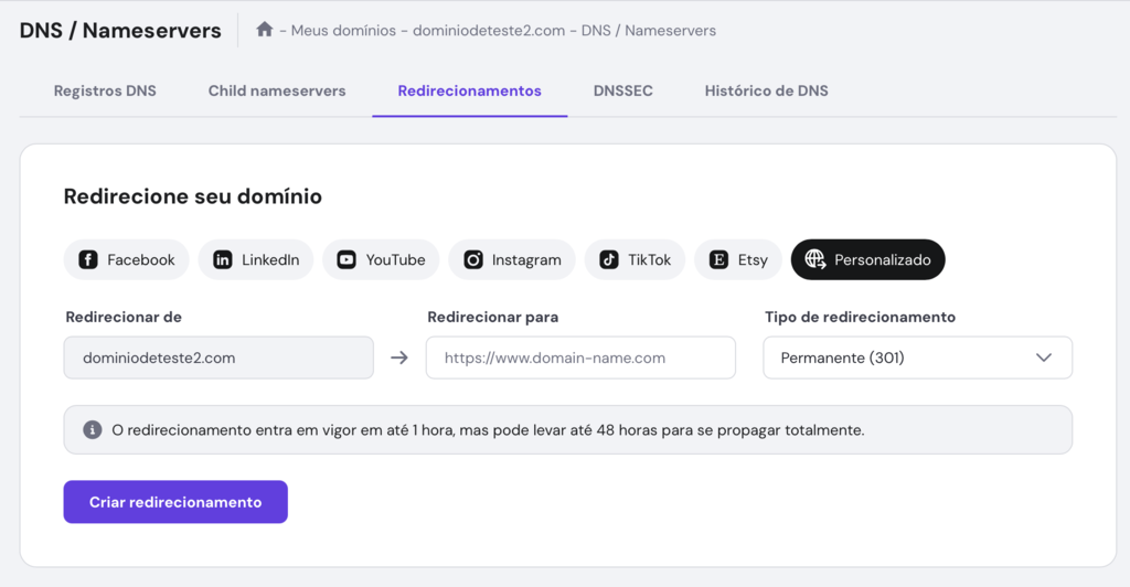 redirecionando domínio no hpanel