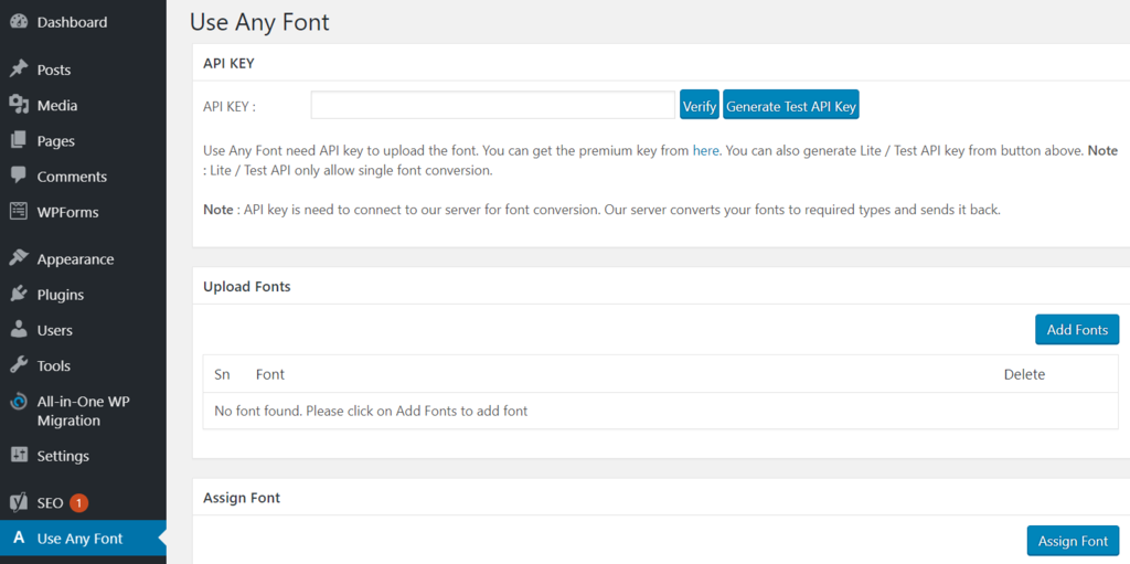 painel do plugin use any font para wordpress