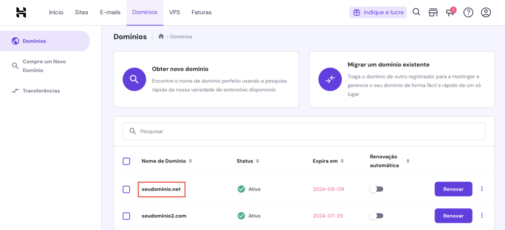 selecionando seu dom&iacute;nio na se&ccedil;&atilde;o dom&iacute;nios do hpanel