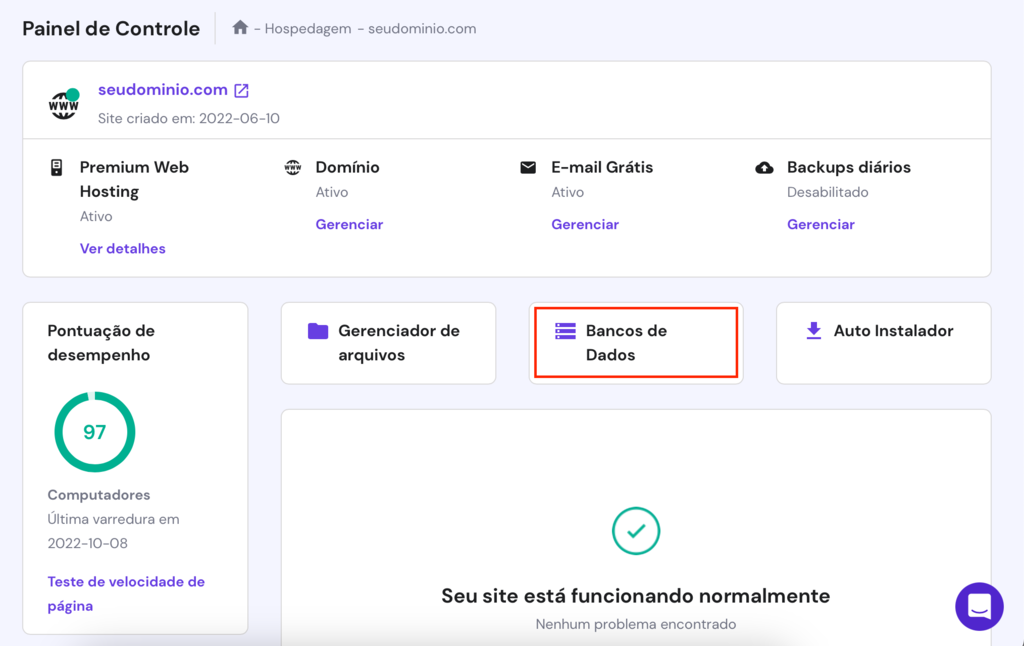 bancos de dados na seção de hospedagem do hpanel