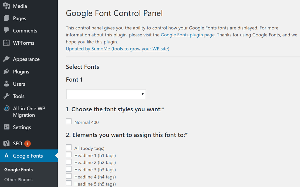 painel de controle do plugin WP google fonts