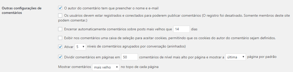 configurações de comentários no wordpress