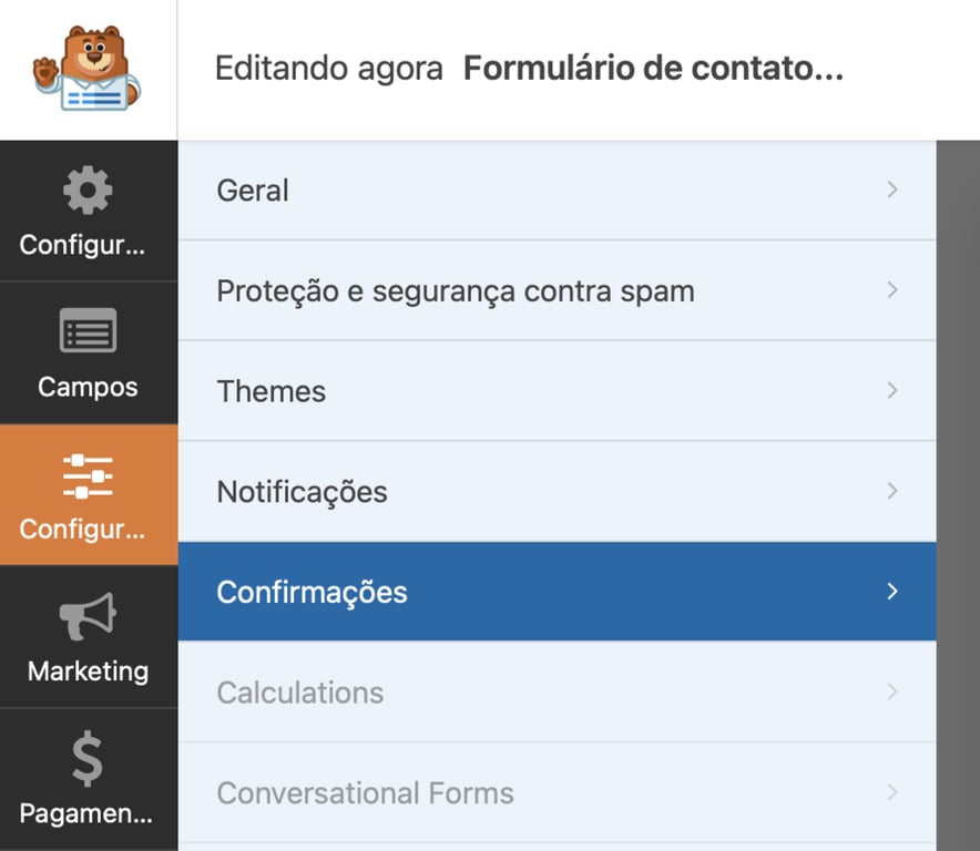 &aacute;rea de confirma&ccedil;&otilde;es do plugin wpforms