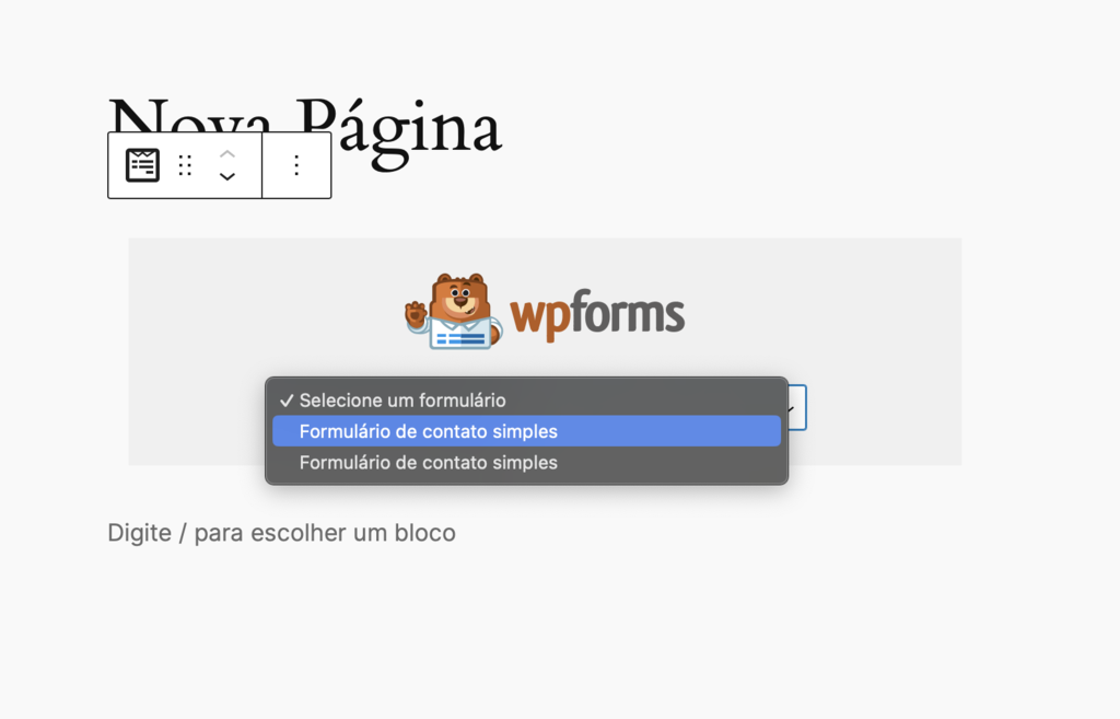 selecionando formul&aacute;rio de contato wordpress no plugin wpforms