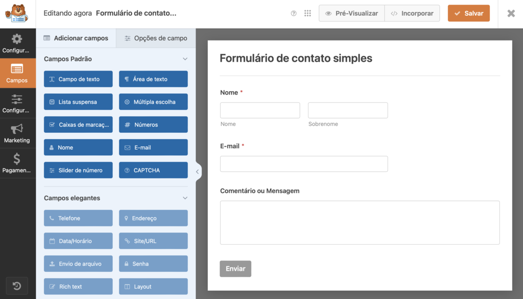 editando formulário de contato no plugin wpforms