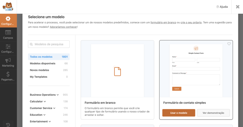 tela "selecione um modelo" de formul&aacute;rio de contato wordpress no plugin wpforms