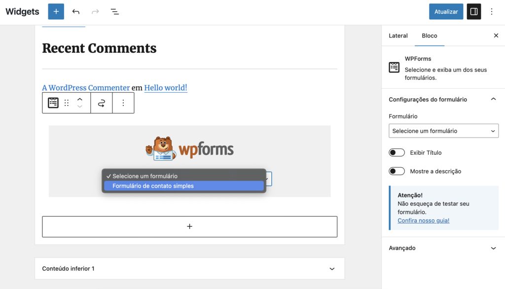 adicionando formulario de contato wordpress a &aacute;rea de widgets com o wpforms