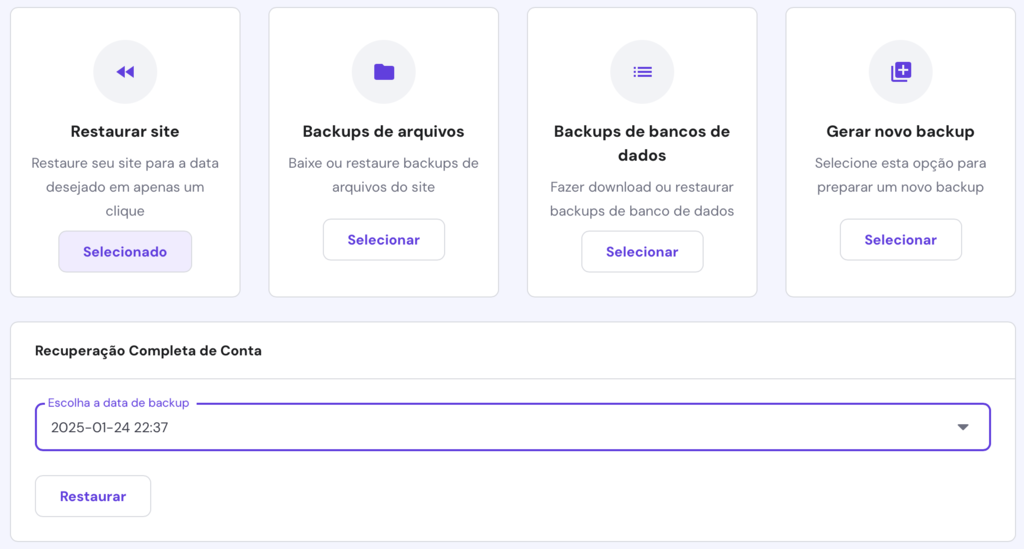 recuperação completa de site a partir de backup no hpanel