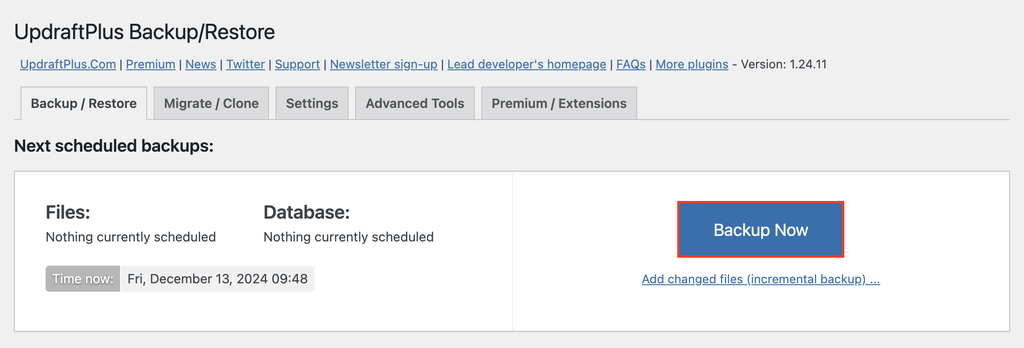 criando novo backup no plugin updraftplus