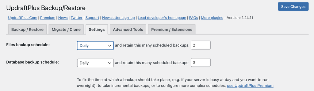 configurações de plugin automático do updraftplus