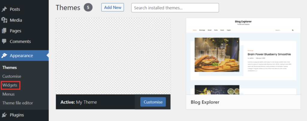área widgets na barra lateral do wordpress