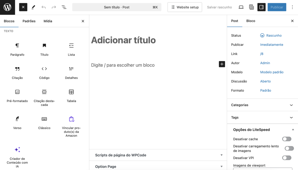 menu de selecionar elemento no editor de blocos do wordpress