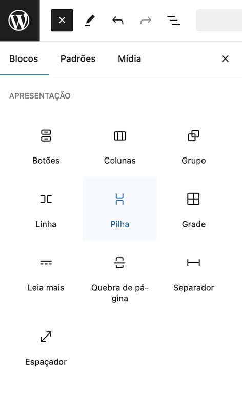 selecionando blocos de apresenta&ccedil;&atilde;o e layout no editor gutenberg wordpress