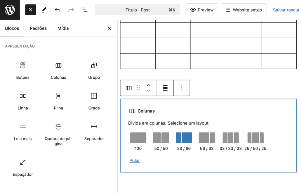 criando coluna no editor de blocos do wordpress