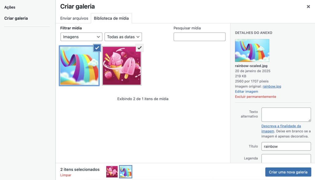 criando nova galeria no wordpress