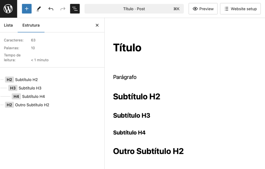 estrutura de post com subt&iacute;tulos no editor de blocos do wordpress