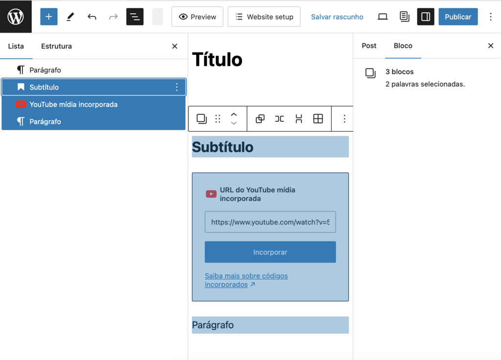 lista de blocos no editor gutenberg