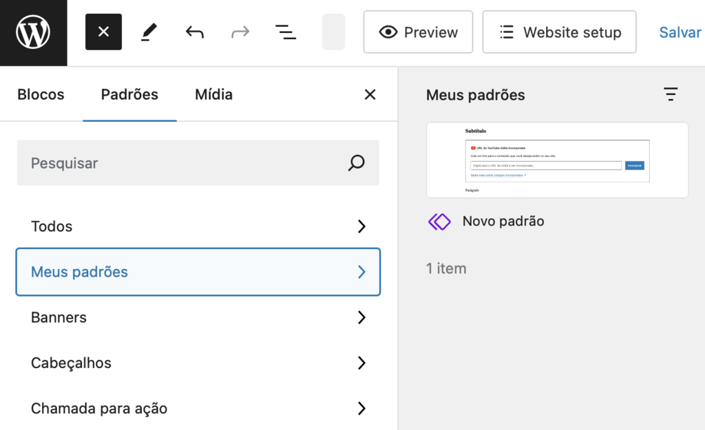 menu "meus padr&otilde;es" no editor gutenberg do wordpress