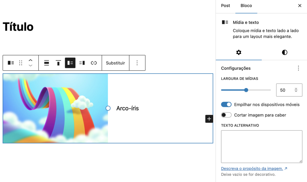 bloco de m&iacute;dia e texto no editor gutenberg