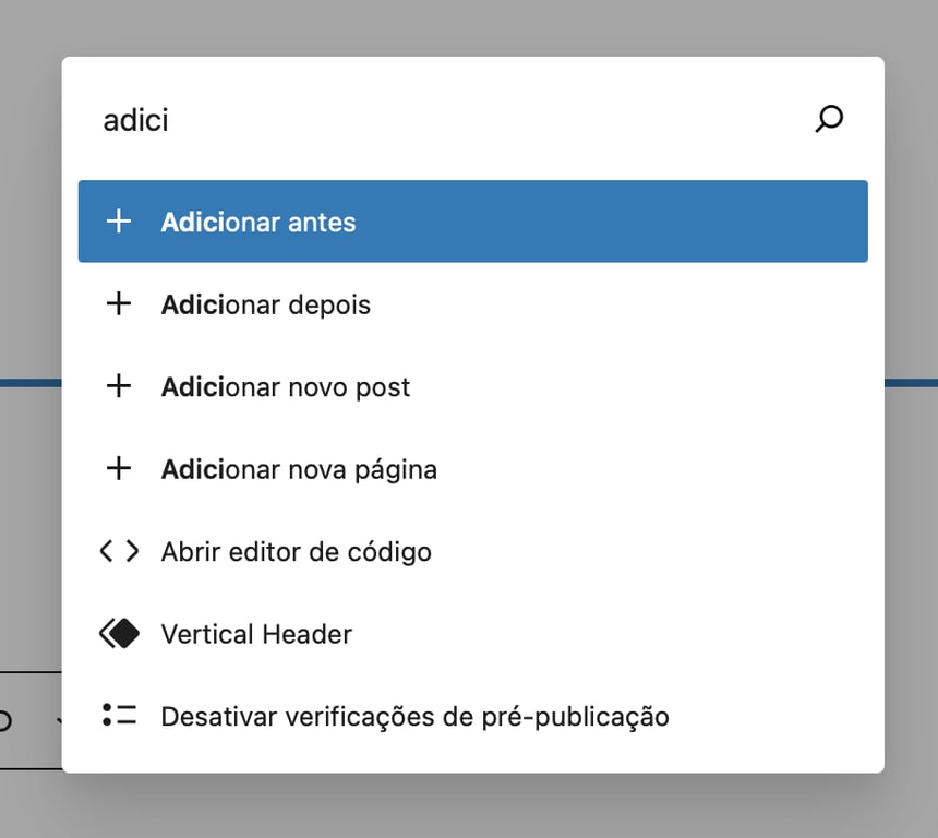 paleta de comandos do wordpress