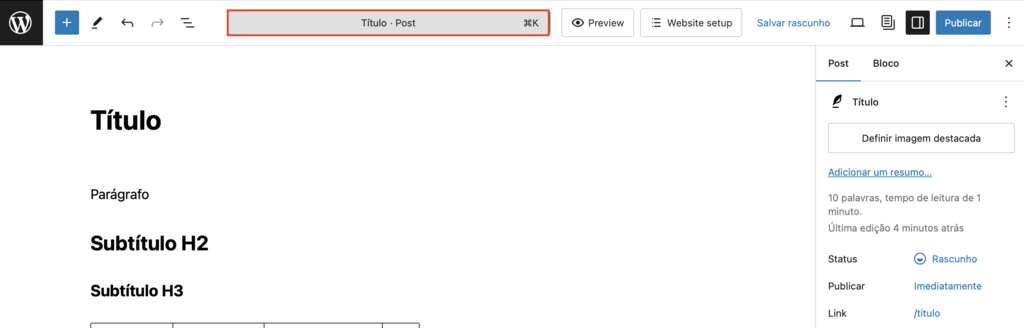 paleta de comandos no editor de blocos do wordpress