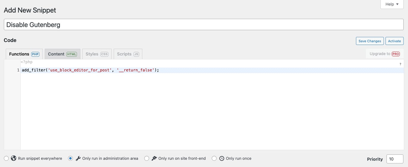 adicionando c&oacute;digo para desabilitar editor gutenberg no plugin code snippets para wordpress