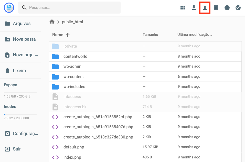 botão enviar no gerenciador de arquivos da hostinger