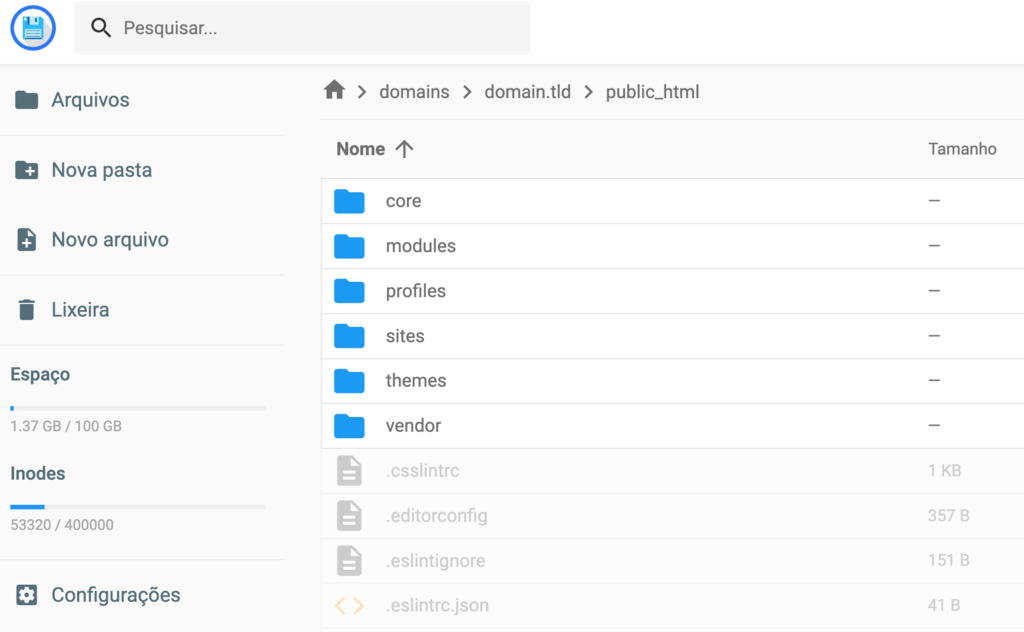 A pasta public_html com arquivos do Drupal