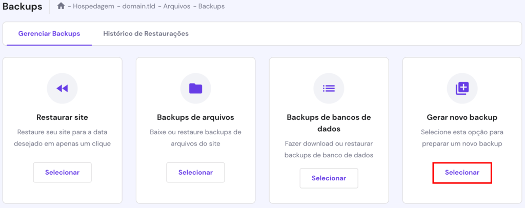 A página Backups no hPanel. O botão Gerar novo backup está destacado