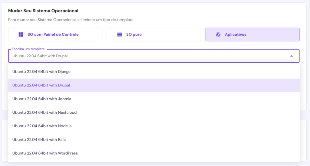 A página do sistema operacional VPS no hPanel. O Drupal CMS está selecionado