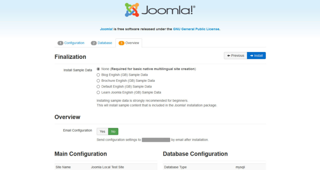 finalizando configuração do joomla