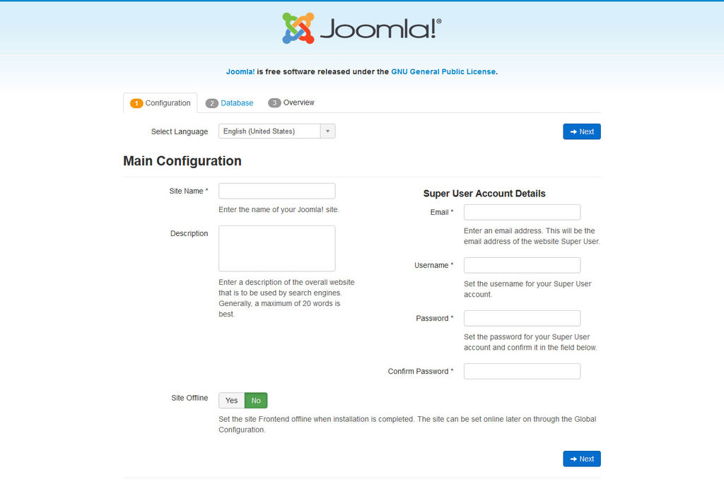configurações principais do joomla