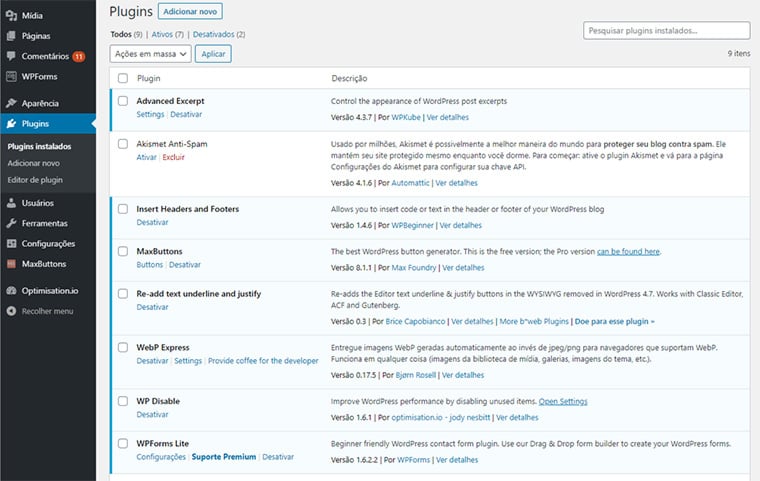 tela de plugins do wordpress