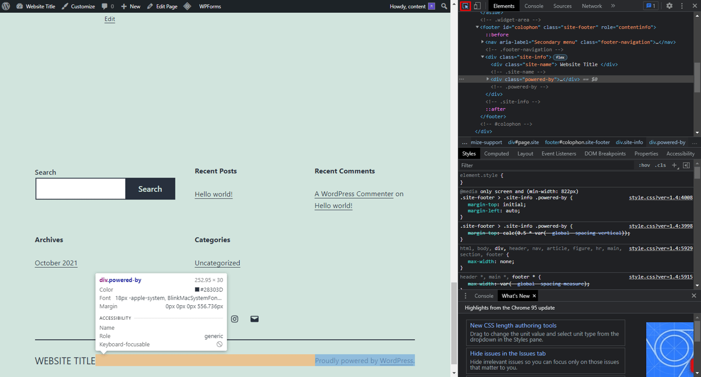 usando o inspetor de elementos do navegador para encontrar trecho de código do crédito do wordPress