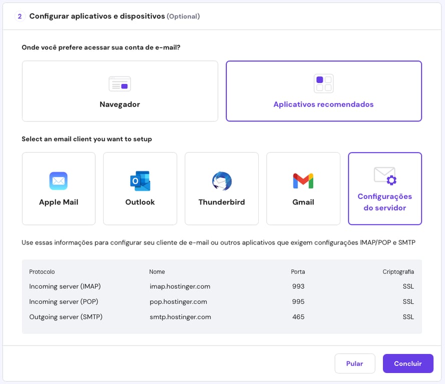 op&ccedil;&atilde;o de configurar aplicativos e dispositivos no hpanel (e-mail da hostinger)