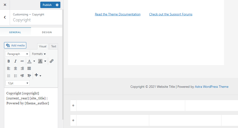 personalizar copyright no tema astra para wordpress