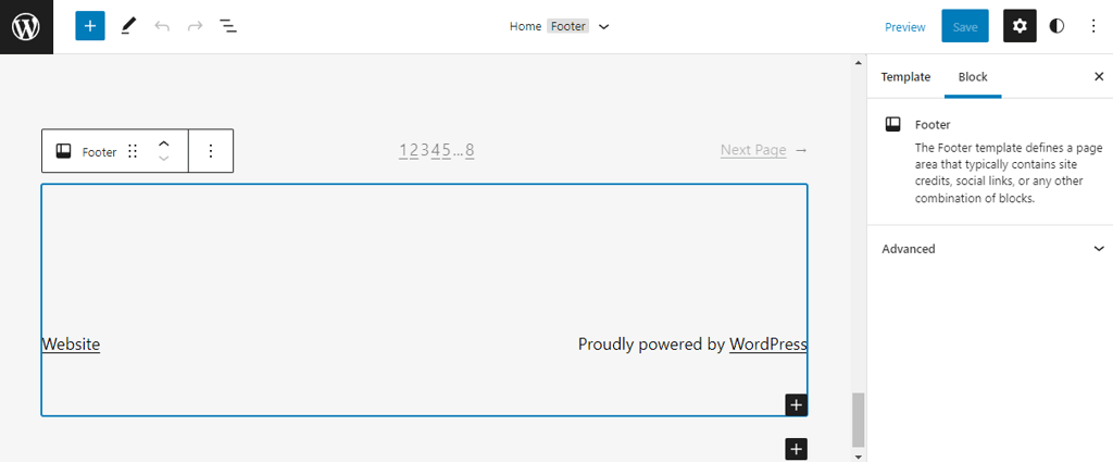 área de rodapé no editor de temas baseados em blocos do wordpress