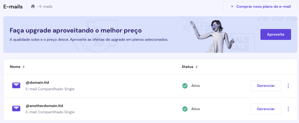 A página de e-mails no hPanel