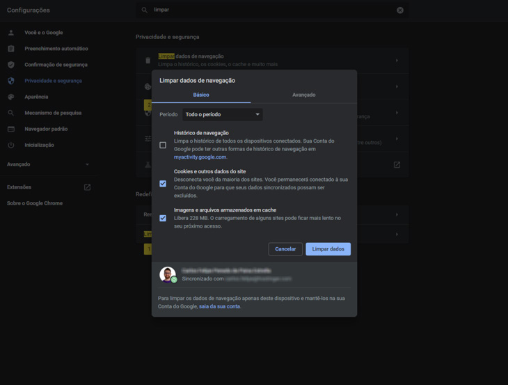 limpar dados de navega&ccedil;&atilde;o no chrome