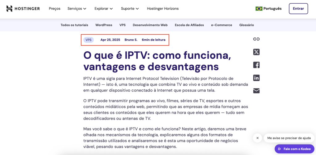 exemplo de metadados de post wordpress em artigo dos tutoriais da hostinger
