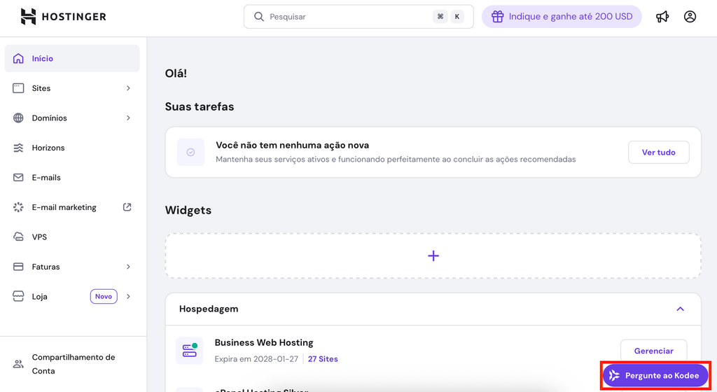 botão "pergunte ao kodee" no hpanel