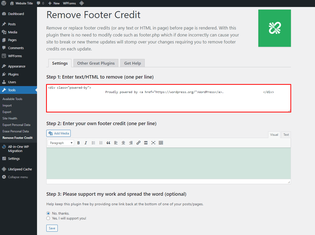 plugin remove footer credit para wordpress